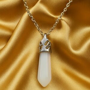 Faceted White Stone Pendant Necklace – Sculpted Silver Crown Cap Elegant Jewelry